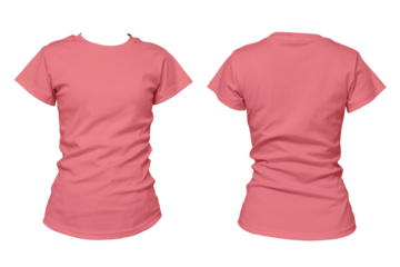 Pink blank woman t-shirt front and back isolated on white background, apparel mockup for fashion design