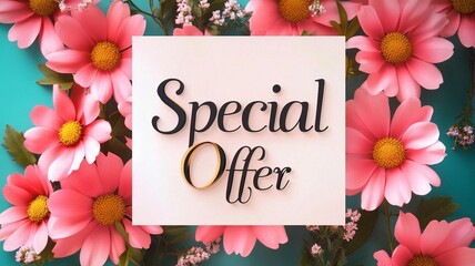 Special offer poster design with pink flowers and blue background, spring promotion event advertising banner
