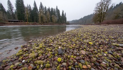 Riverbank with mossy stones, overcast day
