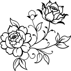 Elegant black and white line art illustration of blooming roses and leaves with delicate swirling vines and buds