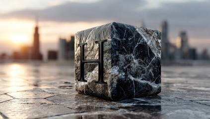 Dark marble cube with letter H, cityscape backdrop