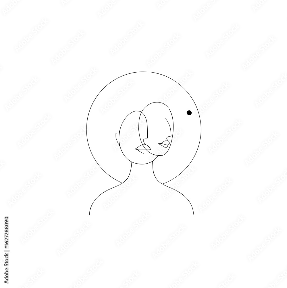 Poster minimalist line art drawing of two faces overlapping with a circle background aesthetic design conce