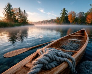 Calm sunrise on a tranquil lake with canoe