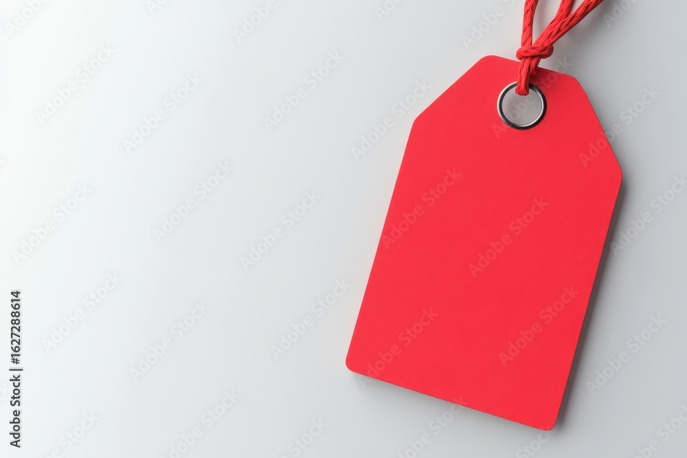 Poster red price tag with string on white background.