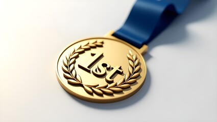 gold medal with blue ribbon. The medal is embossed with the text "1st" and surrounded by an elegant laurel wreath detailing, symbolizing victory and excellence.