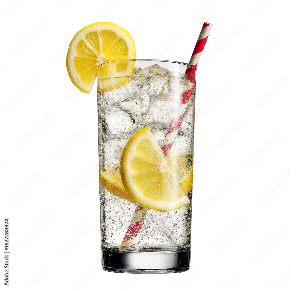Poster refreshing lemonade with ice and lemon slices in tall glass