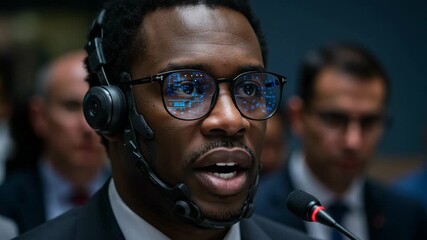 Focused black businessman wearing a futuristic headset and smart glasses with data reflections in a corporate environment. - Powered by Adobe
