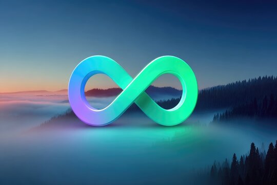 Infinity symbol, vibrant gradient, over misty mountains
