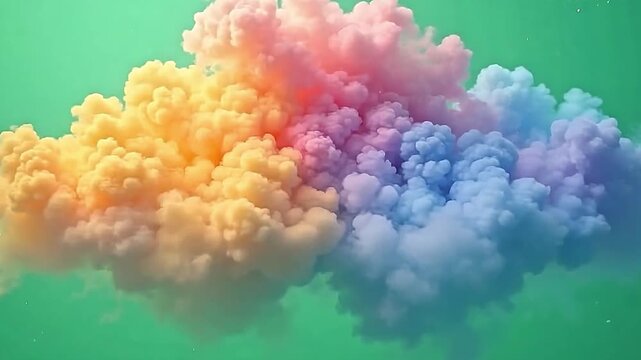 Explode rainbow cloud fog floats softly across a green background, combining bright rainbow colors with delicate fog patterns that shimmer and flow in harmonious motion.
