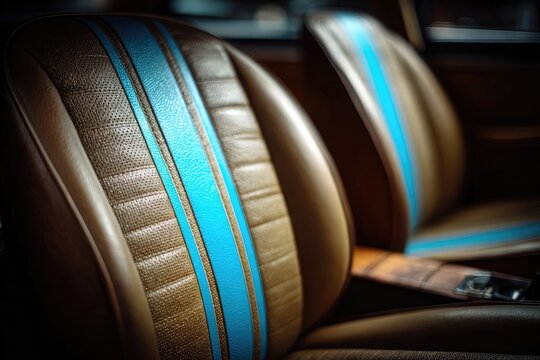 Fototapeta Vintage car seats with vibrant blue stripes