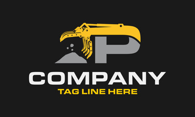Letter P Arm Excavator Rake, Folding Rake logo template vector. Heavy equipment logo vector for construction company.