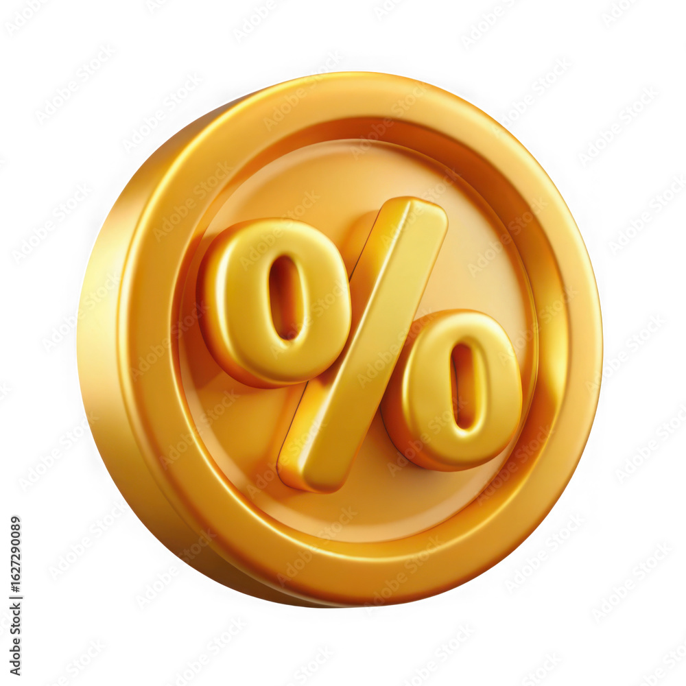 Poster golden coin with a percentage symbol embossed on its surface isolated on transparent background