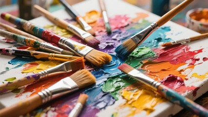 Obraz premium Artistic Palette with Brushes and Vibrant Paints