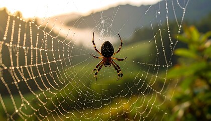 Spider in Dewy Web with Early Morning Light, and Green Nature Landscape Background.