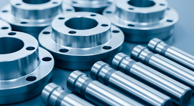 A close-up of various precision-machined metal components, including shiny steel flanges and shafts.