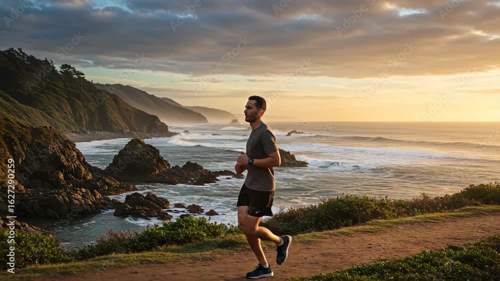 Poster man running on a coastal path at sunrise with ocean waves crashing against rocks