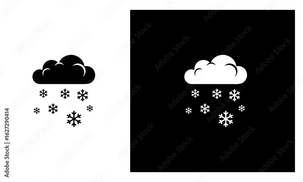 Poster flat black and white vector icon of snowflakes falling from a cloud, simple and clean design vector 