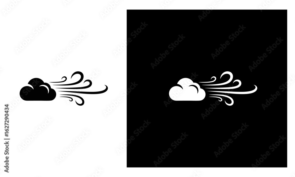 Poster minimal black and white weather icon of wind blowing with curved motion lines, vector style design