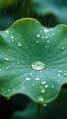 Fototapeta premium Raindrops on a vibrant green lotus leaf, showcasing nature's delicate beauty.