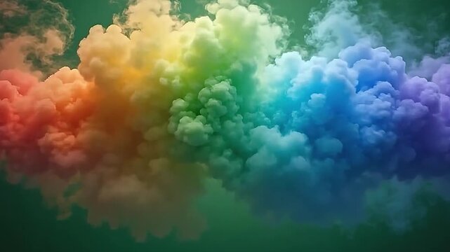 Explode rainbow cloud fog moves softly across a green background, combining radiant rainbow tones with swirling fog patterns that shimmer and illuminate the scenery.