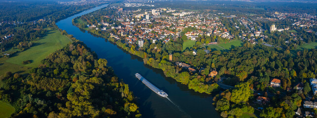 Aerial panorama view of the city Hanau
 in Germany. on a sunny morning in fall.