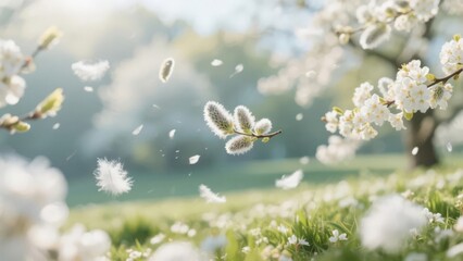 Springtime Blossom Scene with White Flowers and Gentle Breeze