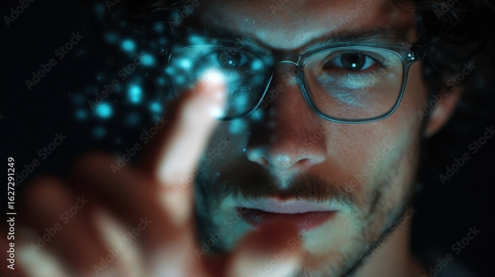 Poster focused man interacting with digital interface in dark environment