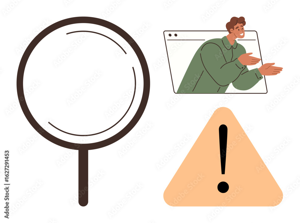 Poster magnifying glass indicates search man in browser window gestures explanation, warning sign signals c