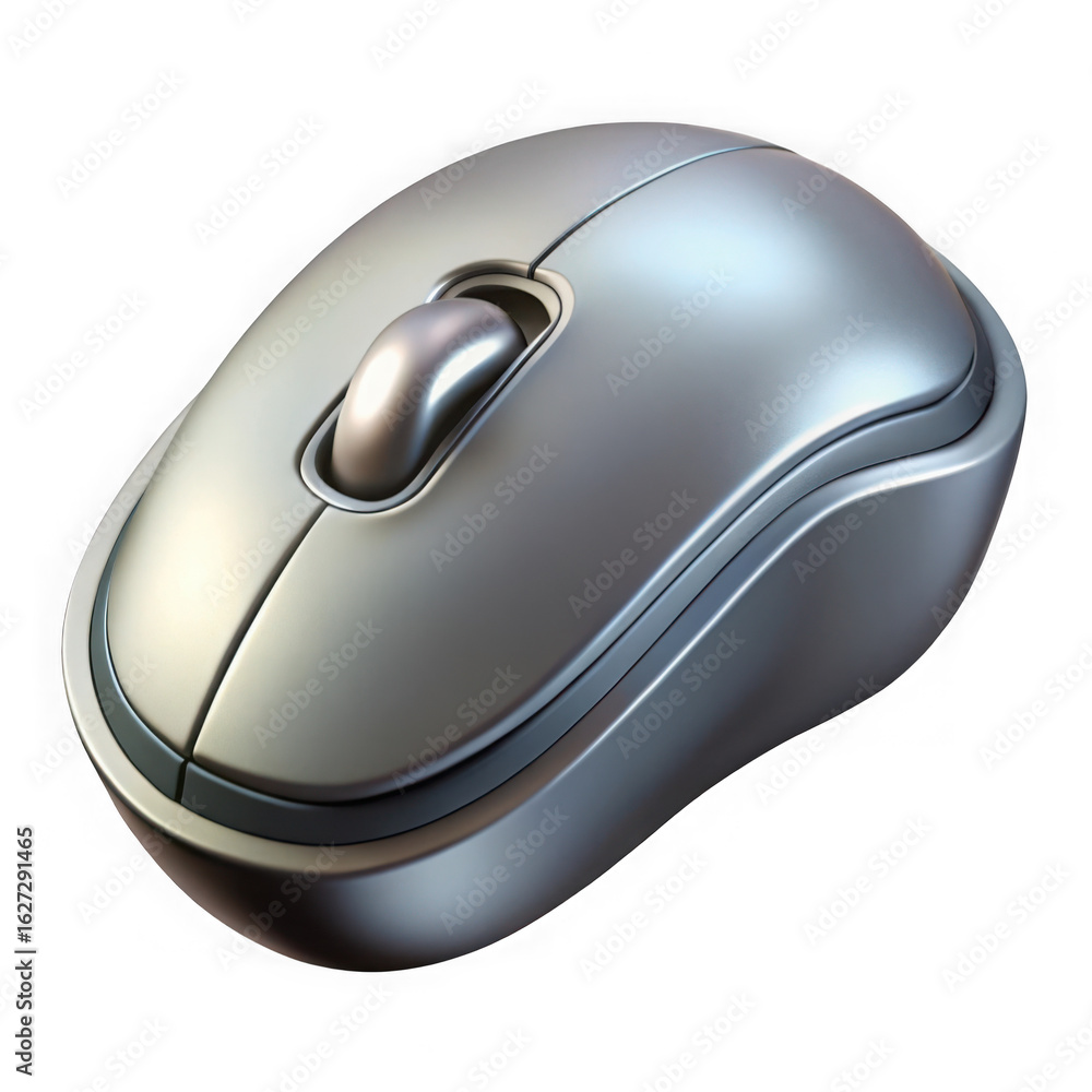 Poster a sleek silver wireless computer mouse with a prominent scroll wheel isolated on transparent backgro