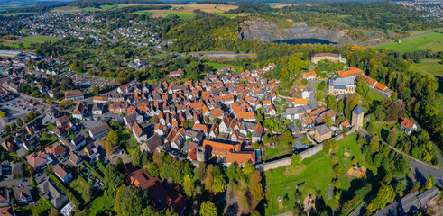 Aerial panorama view around the city Ortenberg
 in Germany. on a sunny noon in fall.