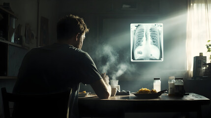 Man sitting at a table with food, gazing at an X-ray image of lungs in a dimly lit room, health risks of processed food and lung cancer