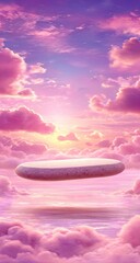 Obraz premium Floating, oval-shaped, light-colored platform amidst a soft pink, cloudy sky