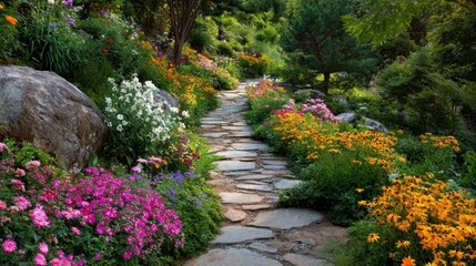 Serene Pathway Through Colorful Flower Garden in Bright Daylight