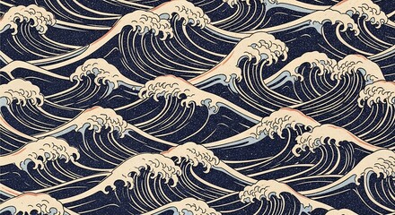 Detailed artwork depicts stylized ocean waves with crests and rhythmic line patterns, concept for textile printing, nautical themed designs and background artistry