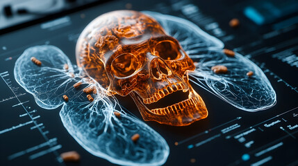 Transparent skull model with glowing lungs displayed on a digital interface, showcasing anatomical details, health risks of processed food and lung cancer