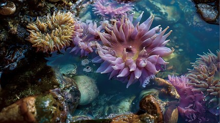 Sea Anemones in Tide Pool with Rocks and Clear Water