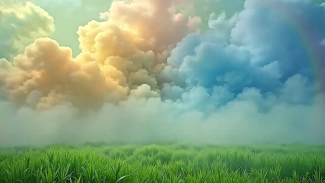Misty tendrils slowly explode rainbow cloud fog into rings and wisps that linger in the air, all set within a motionless, green background.