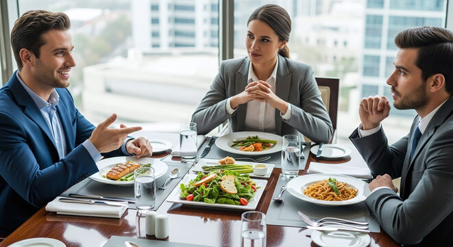 Three Business Professionals Enjoying a Gourmet Lunch Engaging in Conversation.