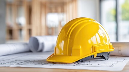 Yellow hard hat sits on blueprints in a construction office, suggesting project planning and workplace safety.