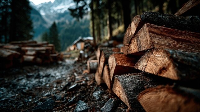 Stacked firewood by a mountain path