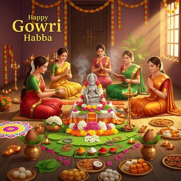 Indian women celebrate gowri habba festival with prayers and offerings in a traditional setting