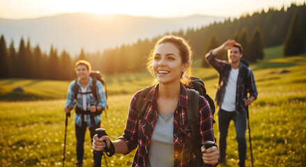 Happy hikers enjoy a scenic mountain trek at sunset, backpacks and trekking poles in hand.