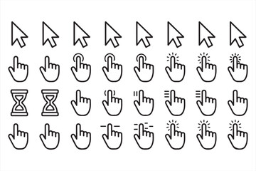 Cursor and Click Icon Set – Web Pointer and Hand Tap Symbols in Line Vector