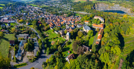 Aerial panorama view around the city Ortenberg
 in Germany. on a sunny noon in fall.