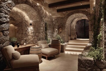 Stone wine cellar with seating,  wooden barrels, and arched walkways