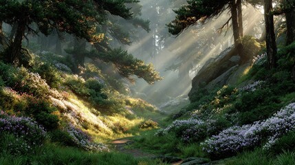 Obraz premium Sunbeams pierce a misty mountain path, lined with vibrant wildflowers and lush greenery