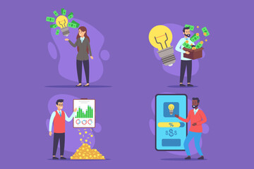 Four illustrations of different approaches to wealth creation. Individuals holding light bulbs, dollar bills, and graphs. Innovation and financial growth in business concept