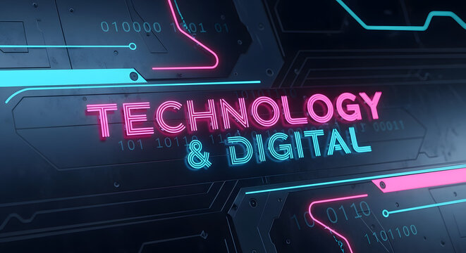 Futuristic circuit board graphic with the words "Technology & Digital" highlighted in neon colors.