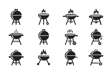 Set of Black BBQ Grill Icons with Flames and Smoke – Perfect for Barbecue Design