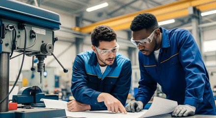 Two male engineers in blue uniforms and safety glasses examine a blueprint in a bright industrial factory setting, with a drill press visible.